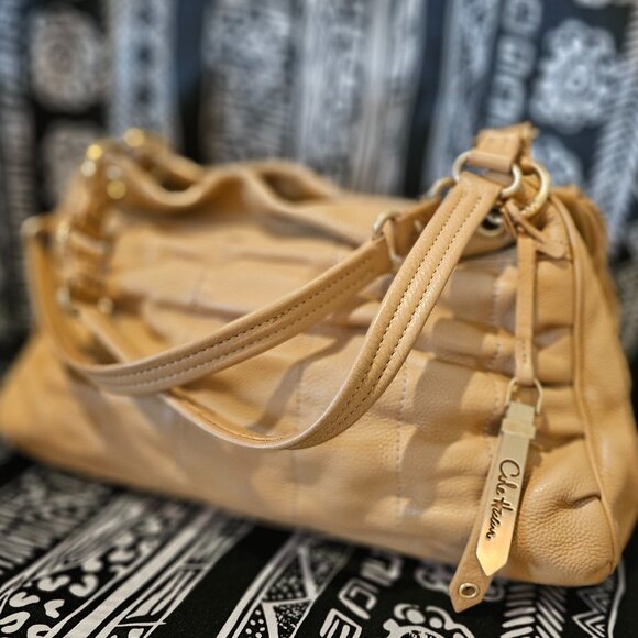 COLE HAAN Ruched Pebble leather top zip East West Shoulder Bag Beige w gold hw - Picture 6 of 13